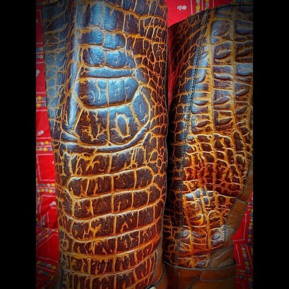 Etienne Aigner Brown Croc-Embossed Heeled Boots - Picture 3 of 7